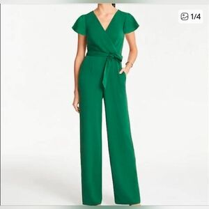 Ann Taylor Forest Green Faux Wrap-Front Wide-Leg Jumpsuit - Size 12